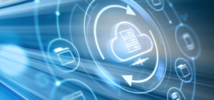 A digital illustration depicting cloud computing technology with a central cloud icon surrounded by circular arrows and connected folder icons, symbolizing data synchronization and storage. The blue color scheme and glowing effects emphasize a futuristic and secure data management environment. 