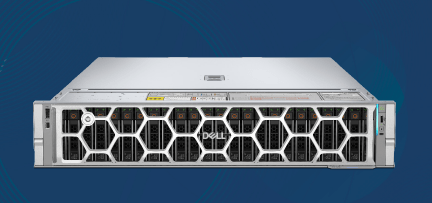 Photograph of a Dell PowerEdge R7725 server unit featuring a honeycomb-patterned front grill on a medium blue background.  