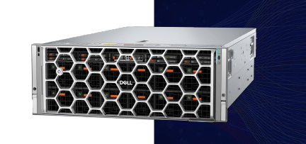 Photograph of a Dell PowerEdge XE7740 server unit featuring a honeycomb-patterned front grill with visible drive bays and indicator lights. The server is positioned against a split background with white on the left and dark blue with wave patterns on the right, highlighting its design and hardware components. 